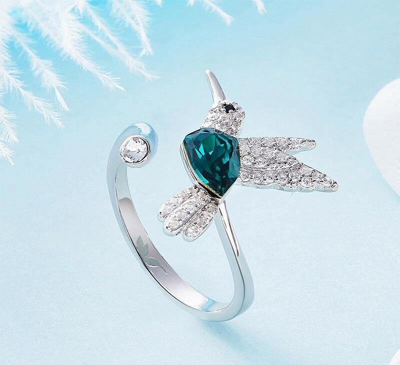 Hummingbird Open Size Ring with Green Crystal from Women