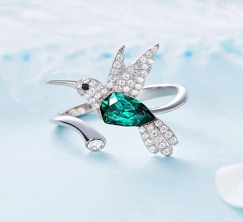 Hummingbird Open Size Ring with Green Crystal from Women