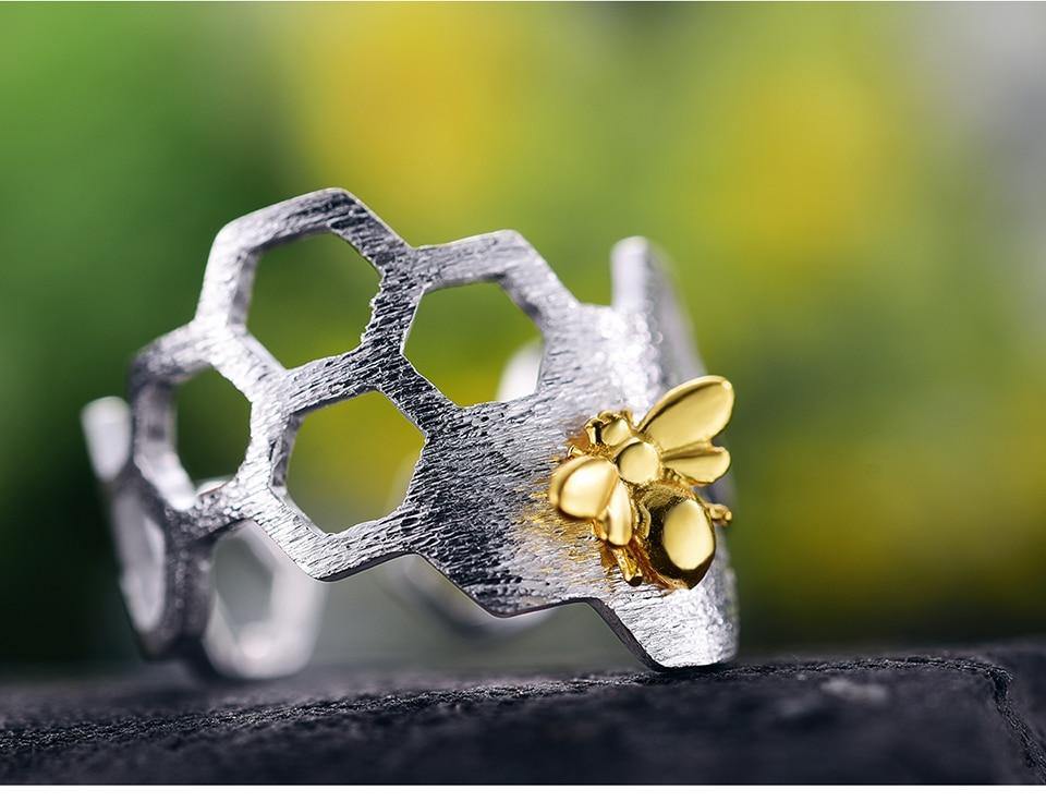 Gold Bee Rings Silver Guard Honeycomb ring